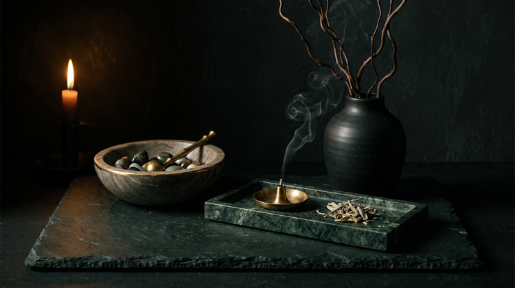 A carved stone bowl of tumbled stones, a dark green marble tray with a brass incense holder and loose sage, and a matte black ceramic vase with bare branches, on dark slate lit by a single candle