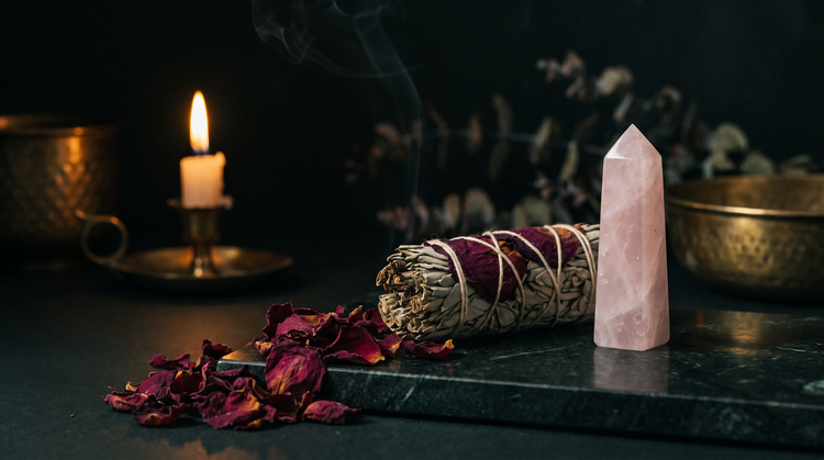 Dried dark red rose petals beside a white sage bundle bound with rose petals and a polished pale pink rose quartz tower on dark green marble, lit by candlelight with drifting smoke