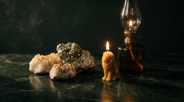 Golden pyrite and pale citrine clusters beside a small seated-lion beeswax candle and an amber glass oil lamp on dark green marble, lit by candlelight with drifting smoke