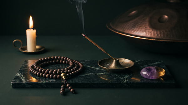 A 108-bead mala coiled on dark green marble beside a lit incense stick in a brass holder, a polished amethyst palm stone and the rim of a copper handpan, lit by candlelight