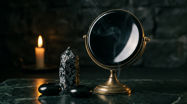 A polished black obsidian scrying mirror on a brass stand beside a snowflake obsidian point and two black palm stones on dark green marble, lit by candlelight
