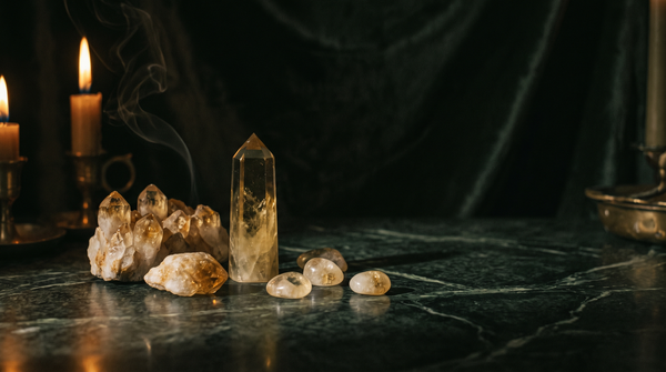 A cluster of raw golden citrine points, a polished citrine obelisk and small tumbled citrine stones on dark green marble, lit by candlelight with drifting smoke