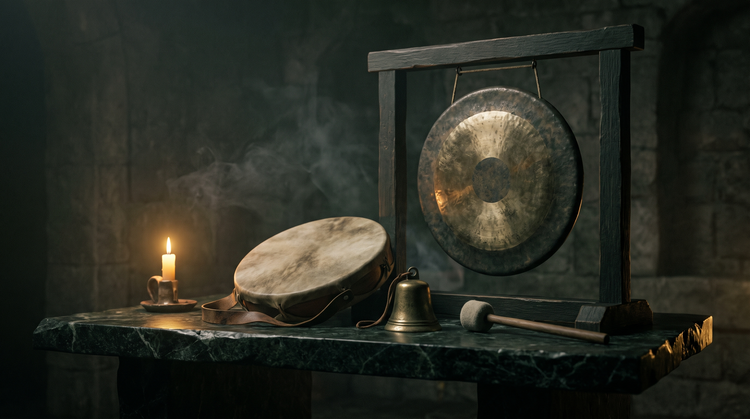 A bronze gong on a dark wooden stand with a goatskin frame drum, brass altar bell and felt mallet on dark green marble in candlelight