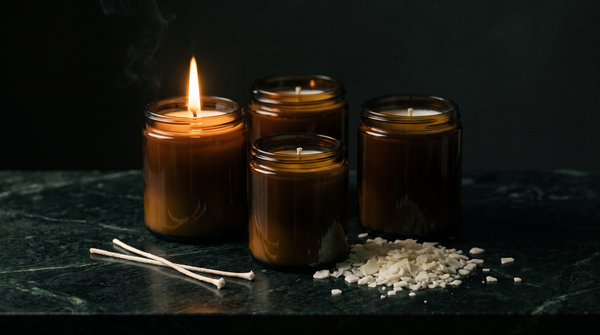 Four amber glass soy candles on dark green marble, one lit, with loose soy wax flakes and cotton wicks in warm candlelight
