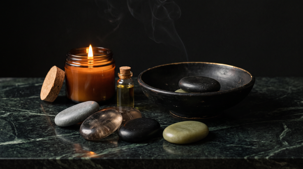 Smooth palm-sized worry stones, an amber ritual candle and a small oil vial on dark green marble, lit by candlelight