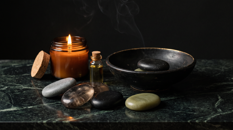 Smooth palm-sized worry stones, an amber ritual candle and a small oil vial on dark green marble, lit by candlelight