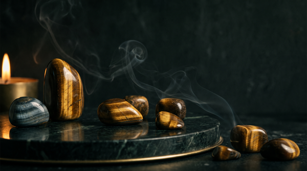 Polished golden tiger's eye stones showing a band of chatoyant light, beside a cooler blue hawk's eye stone on dark green marble