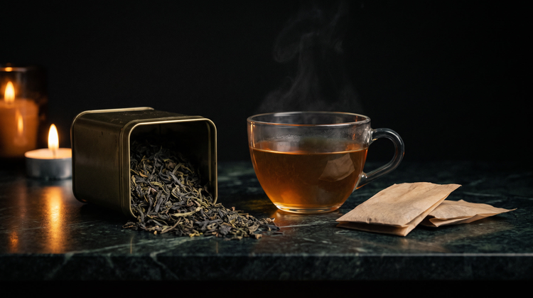 Loose black and green tea leaves spilling from a brass tin beside a glass cup of amber tea and two paper tea bags on dark green marble, lit by candlelight