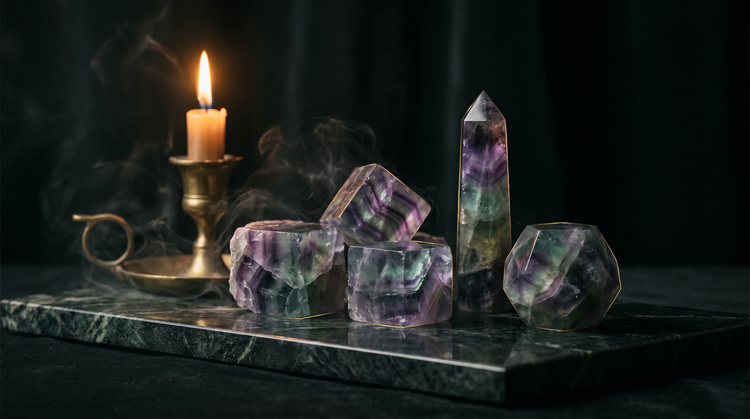 Banded purple and green fluorite crystals, raw cubes, a polished point and a carved solid, on dark green marble beside a brass candlestick in candlelight