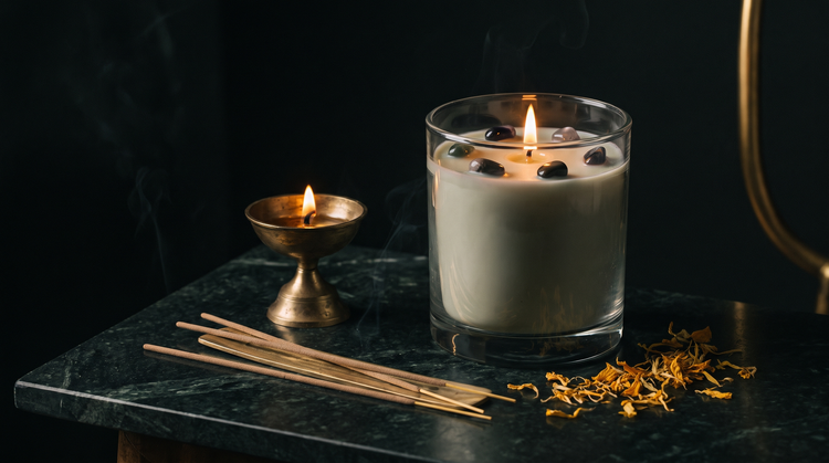 Unscented altar candle with polished gemstones set into the wax, a small brass oil lamp, unlit incense sticks and dried marigold petals on dark green marble in candlelight