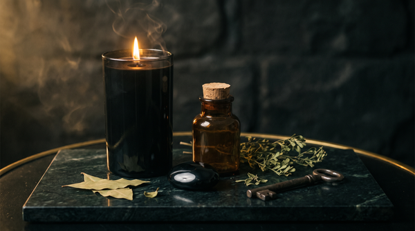 Black glass vigil candle burning beside an unlabelled amber oil bottle, a polished black obsidian palm stone, dried bay leaves and rue, and an old iron key on dark green marble in candlelight