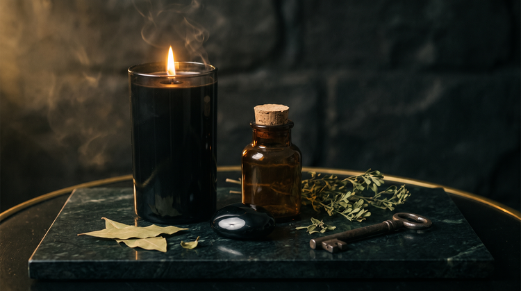 Black glass vigil candle burning beside an unlabelled amber oil bottle, a polished black obsidian palm stone, dried bay leaves and rue, and an old iron key on dark green marble in candlelight