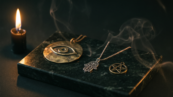 A hammered brass evil eye disc, a silver hamsa pendant and a gold pentacle charm on dark green marble, lit by a single candle with drifting smoke