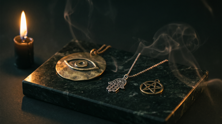 A hammered brass evil eye disc, a silver hamsa pendant and a gold pentacle charm on dark green marble, lit by a single candle with drifting smoke