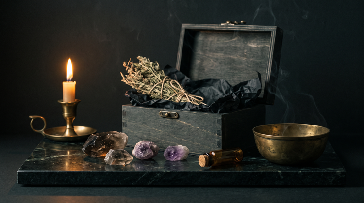 An open dark wooden gift box with a tied herb bundle, rough crystals, a small amber vial and an aged brass bowl on dark green marble in candlelight
