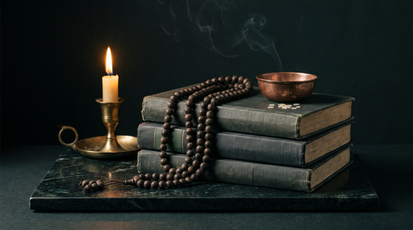 A stack of plain unmarked cloth-bound books with a strand of 108 dark wooden mala beads across them, a small copper bowl of rice and a brass candlestick on dark green marble in candlelight