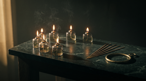 Seven small glass oil lamps burning in an arc on dark green marble beside a fan of unlit incense sticks and a plain brass ring, lit only by candlelight