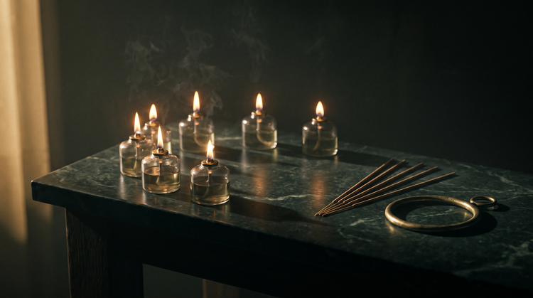 Seven small glass oil lamps burning in an arc on dark green marble beside a fan of unlit incense sticks and a plain brass ring, lit only by candlelight