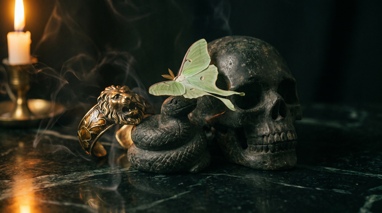 A carved stone skull, a coiled stone serpent, a gold lion-head cuff bracelet and a pale green luna moth on dark green marble in candlelight