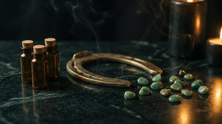 A worn brass horseshoe, three cork-stoppered amber glass vials and scattered green-gold aventurine pebbles on dark green marble in candlelight