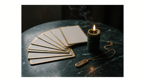 A fan of blank gilt-edged cards, a carved dark green beeswax candle burning and a gold pendant on a fine chain, on dark green marble in candlelight