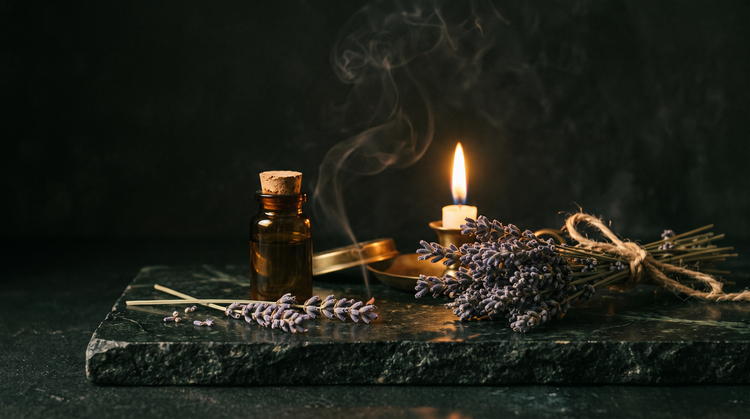Dried lavender sprigs and a tied lavender bundle beside an unlabelled amber glass vial with a cork stopper on dark green marble, lit by a single candle with drifting smoke