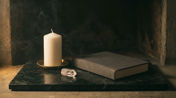 An unlit white pillar candle on a brass dish, a small clear quartz point and a plain closed book on dark green marble in warm low light