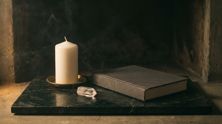 An unlit white pillar candle on a brass dish, a small clear quartz point and a plain closed book on dark green marble in warm low light