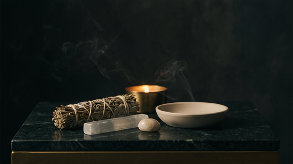 An unlit tied bundle of dried white sage, a selenite stick and a pale tumbled stone beside a plain unglazed ceramic dish and one low brass candle on dark green marble at night