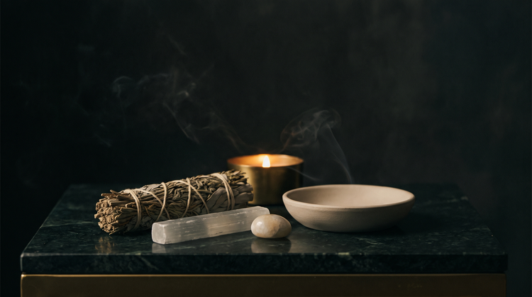 An unlit tied bundle of dried white sage, a selenite stick and a pale tumbled stone beside a plain unglazed ceramic dish and one low brass candle on dark green marble at night