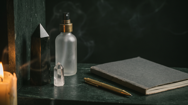 A polished crystal obelisk, a clear quartz point, an unlabelled frosted glass spray bottle, a blank notebook and a brass pen on the corner of a dark green-black stone desk, lit by candlelight