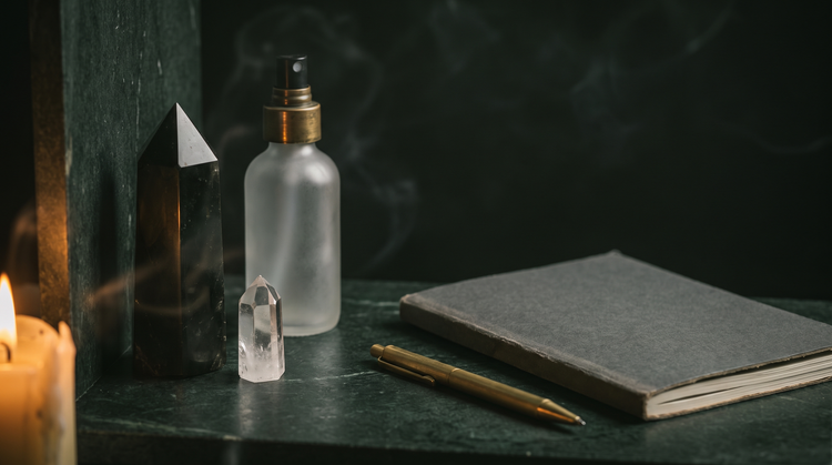 A polished crystal obelisk, a clear quartz point, an unlabelled frosted glass spray bottle, a blank notebook and a brass pen on the corner of a dark green-black stone desk, lit by candlelight