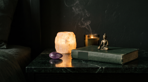A polished amethyst palm stone, a glowing selenite crystal lamp, a closed cloth-bound book and a small brass figure on a dark green-black marble nightstand, lit by a single candle
