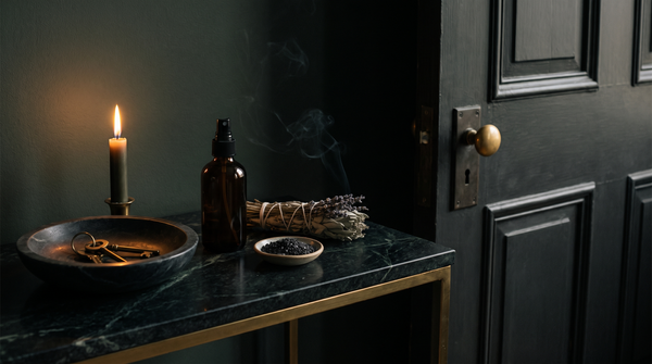 A dark stone bowl holding brass keys, an unlabelled amber spray bottle, a tied herb bundle and a dish of black salt on a green-black marble console beside a heavy dark door, lit by one candle