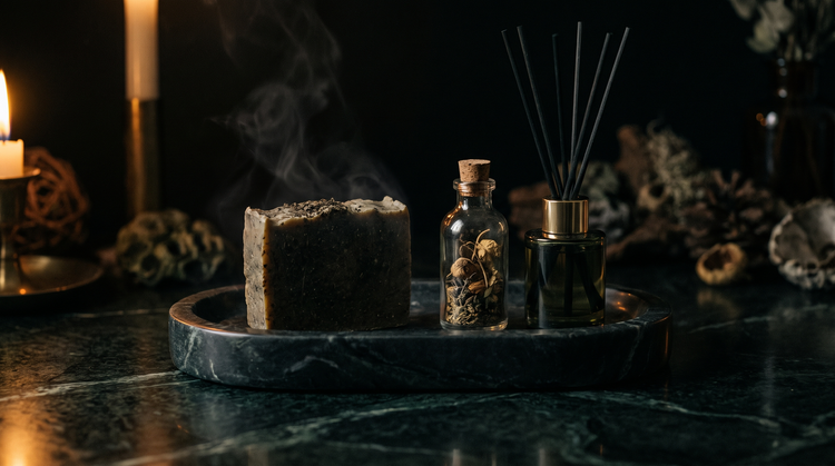 Carved dark marble vanity tray holding a handmade soap bar, a corked apothecary bottle and a reed diffuser on dark green marble, lit by a single candle