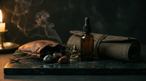 Leather pouch spilling tumbled pocket stones beside a small brass figure, an unlabelled amber dropper bottle and a rolled canvas travel wrap on dark green marble, lit by a single candle