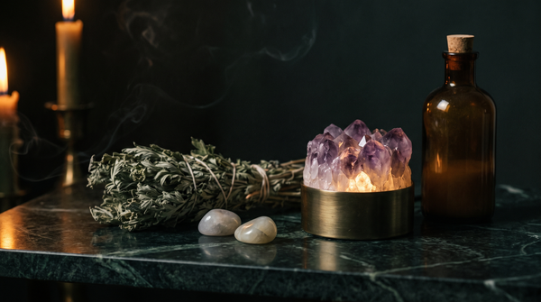 Amethyst crystal lamp glowing on a brass base beside a dried mugwort smudge bundle, two pale tumbled stones and a corked amber bottle on dark green marble, lit by a single candle