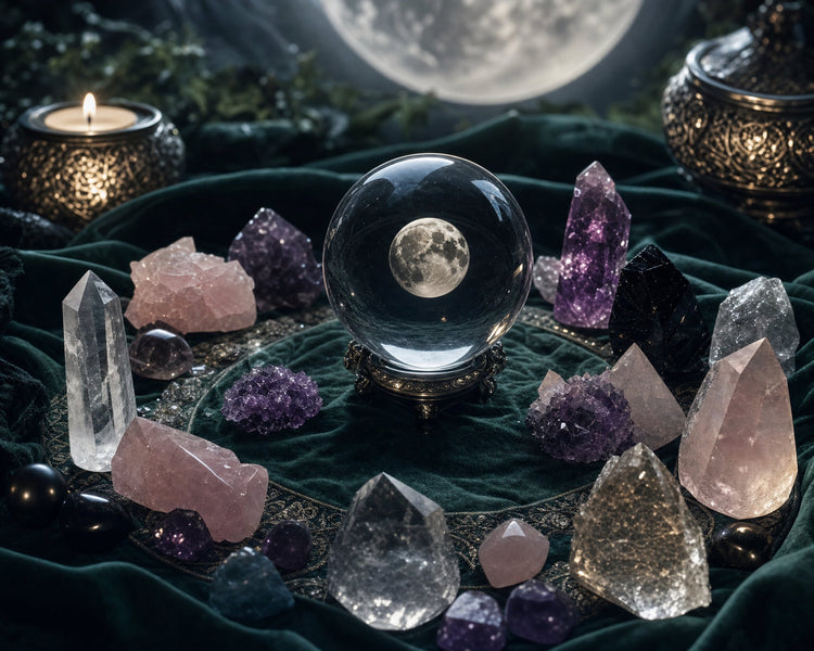 Crystals charging on an altar under the full moon — tumbled stones, points and selenite