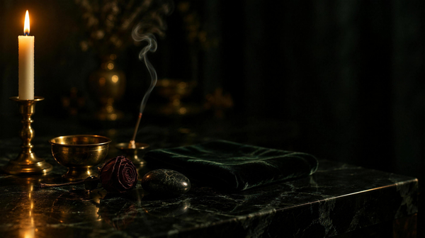 Lit ivory taper in a brass candlestick beside a brass offering bowl, a dried dark red rose, a smooth black stone and green velvet on a dark green marble altar, with a thin trail of incense smoke