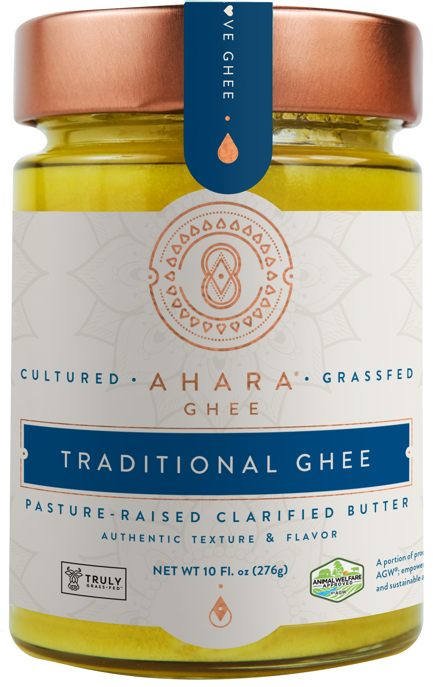 A glass jar of Ahara Rasa Traditional cultured grass-fed ghee with a copper lid and dark blue label band.