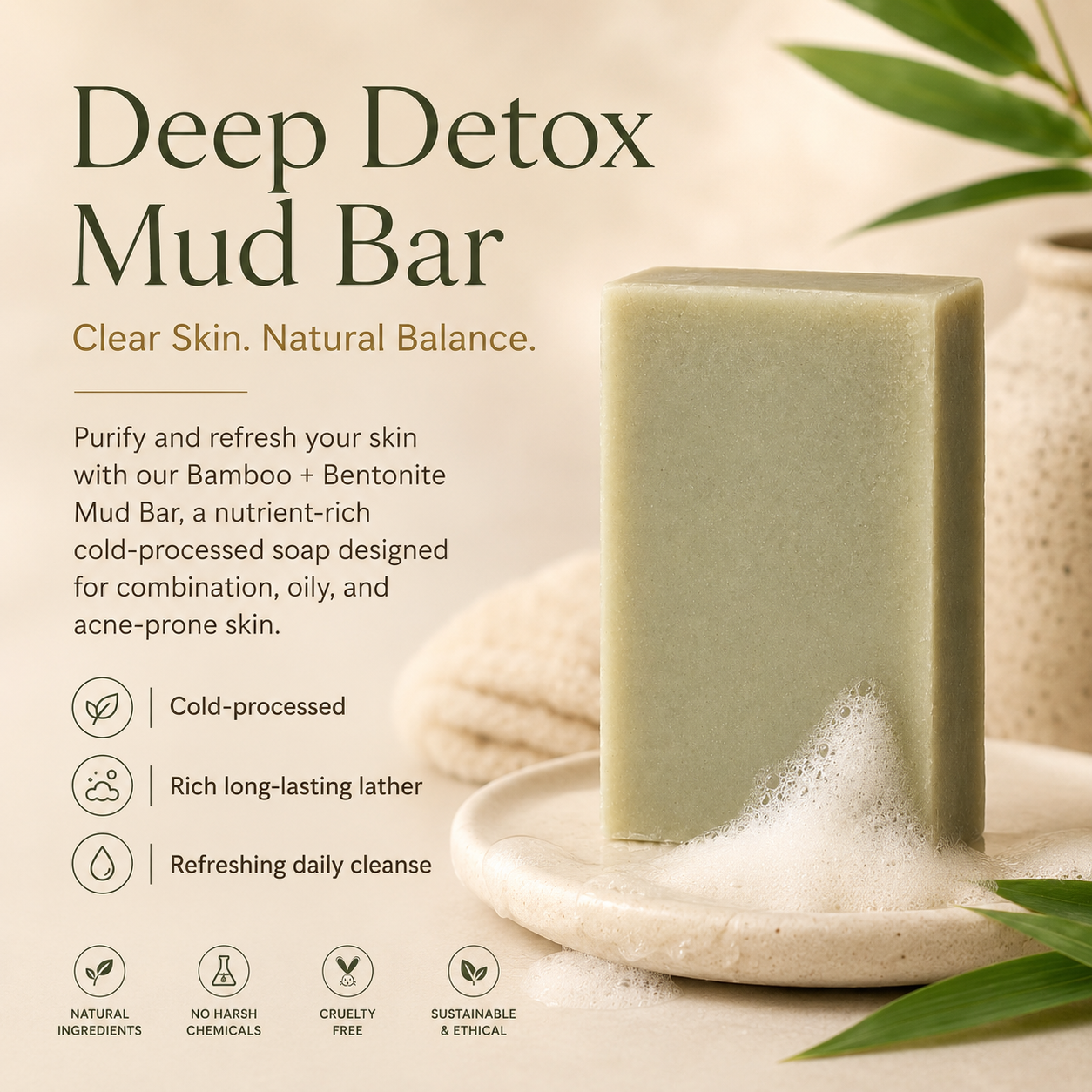 Bamboo and bentonite mud bar, deep charcoal-grey soap with a matte surface — view 2