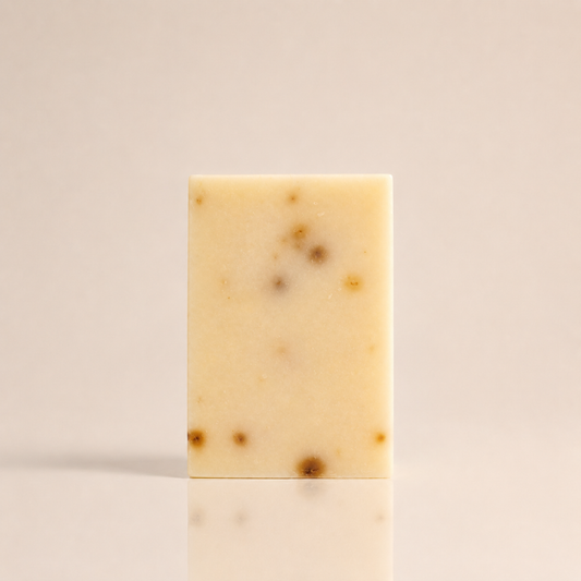 Mango and papaya enzyme bar soap, warm golden-orange bar