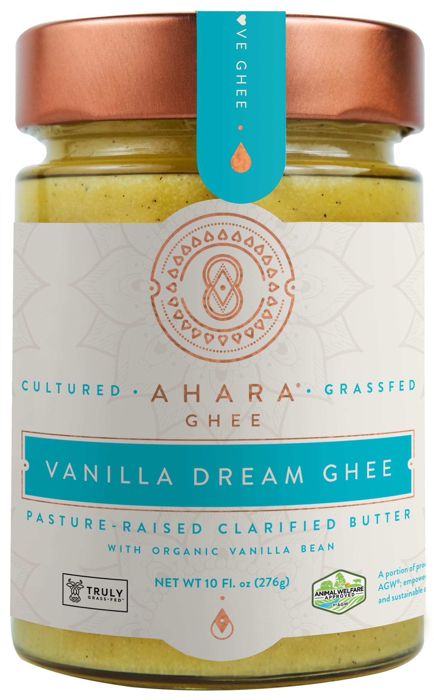 A glass jar of Ahara Rasa Vanilla Dream grass-fed ghee with a copper lid and pale blue label band.