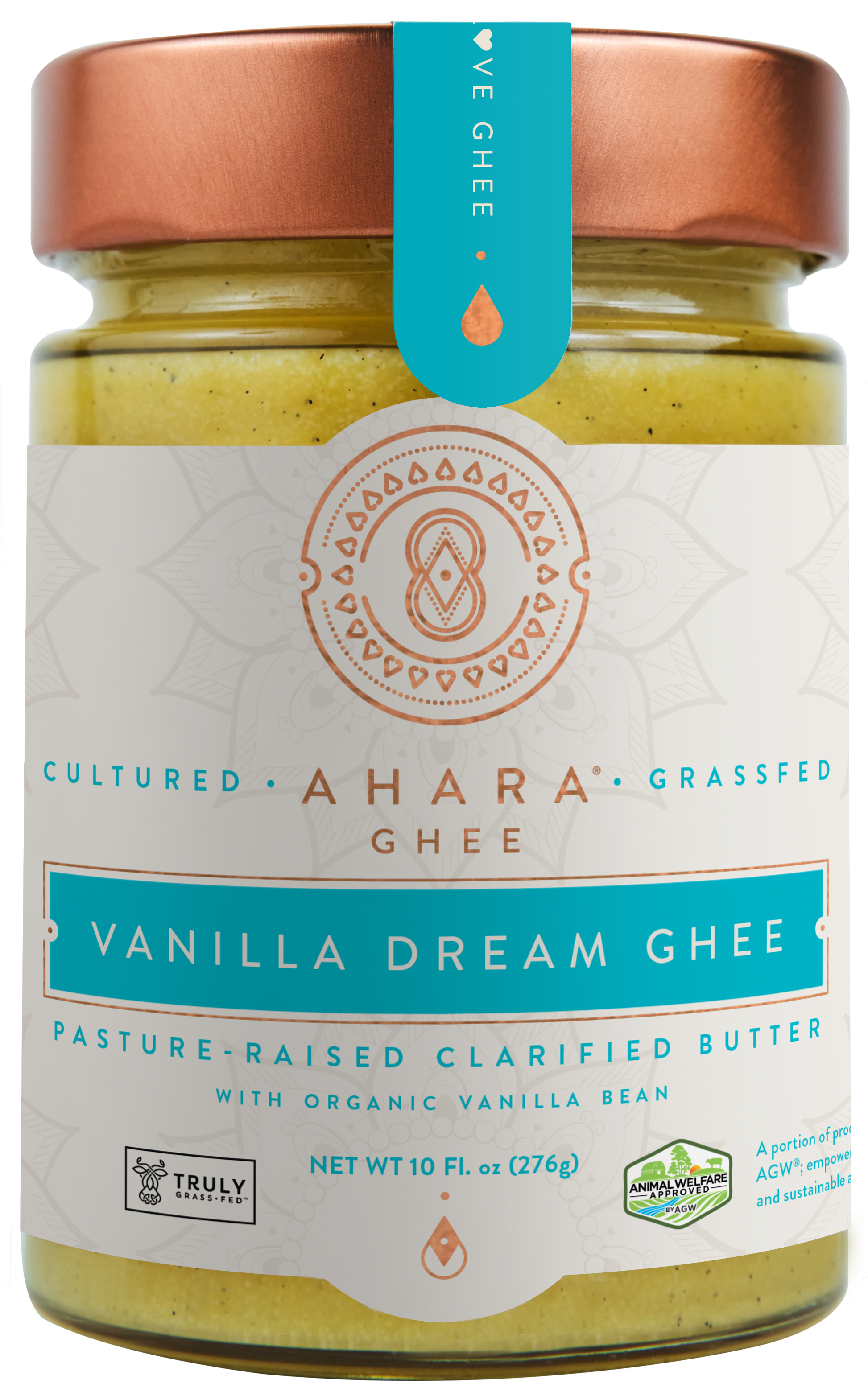 A glass jar of Ahara Rasa Vanilla Dream grass-fed ghee with a copper lid and pale blue label band.