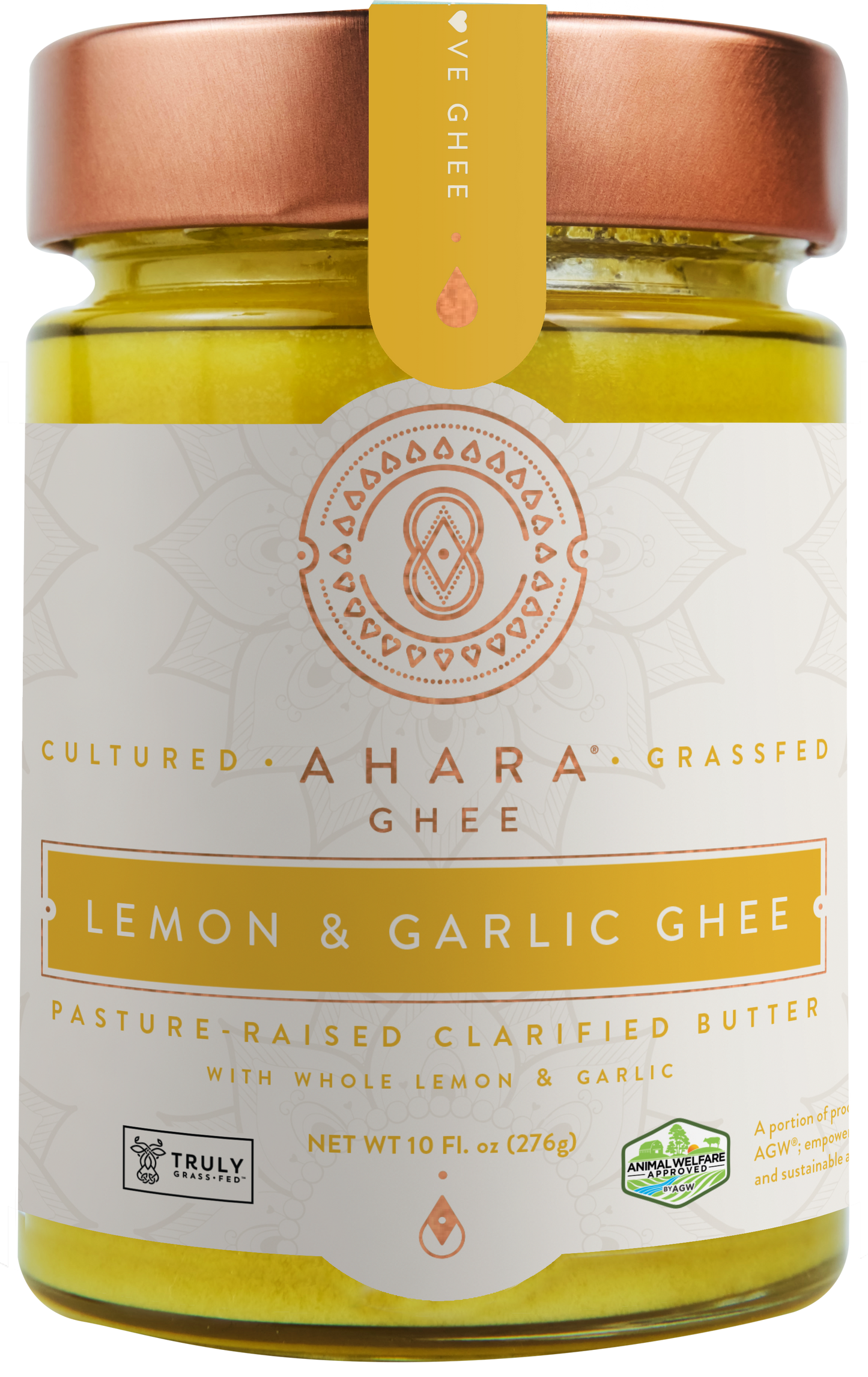 A glass jar of Ahara Rasa Lemon & Garlic cultured grass-fed ghee with a copper lid and yellow label band.
