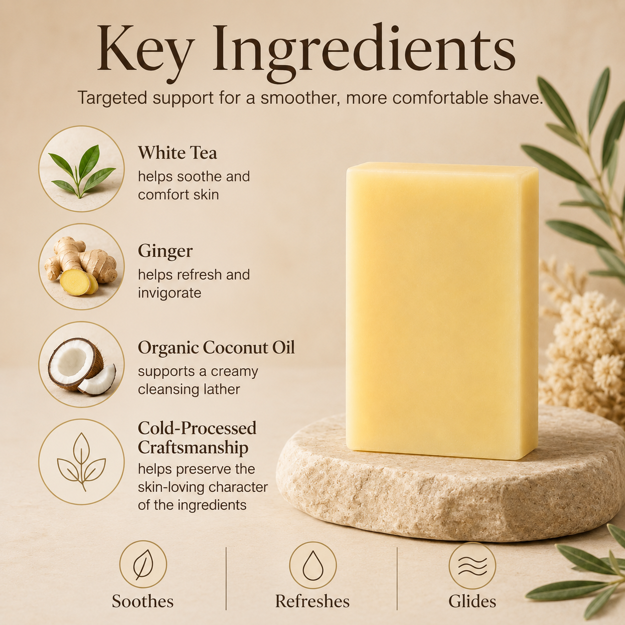 White tea and ginger shave bar, pale cream-coloured soap — view 3