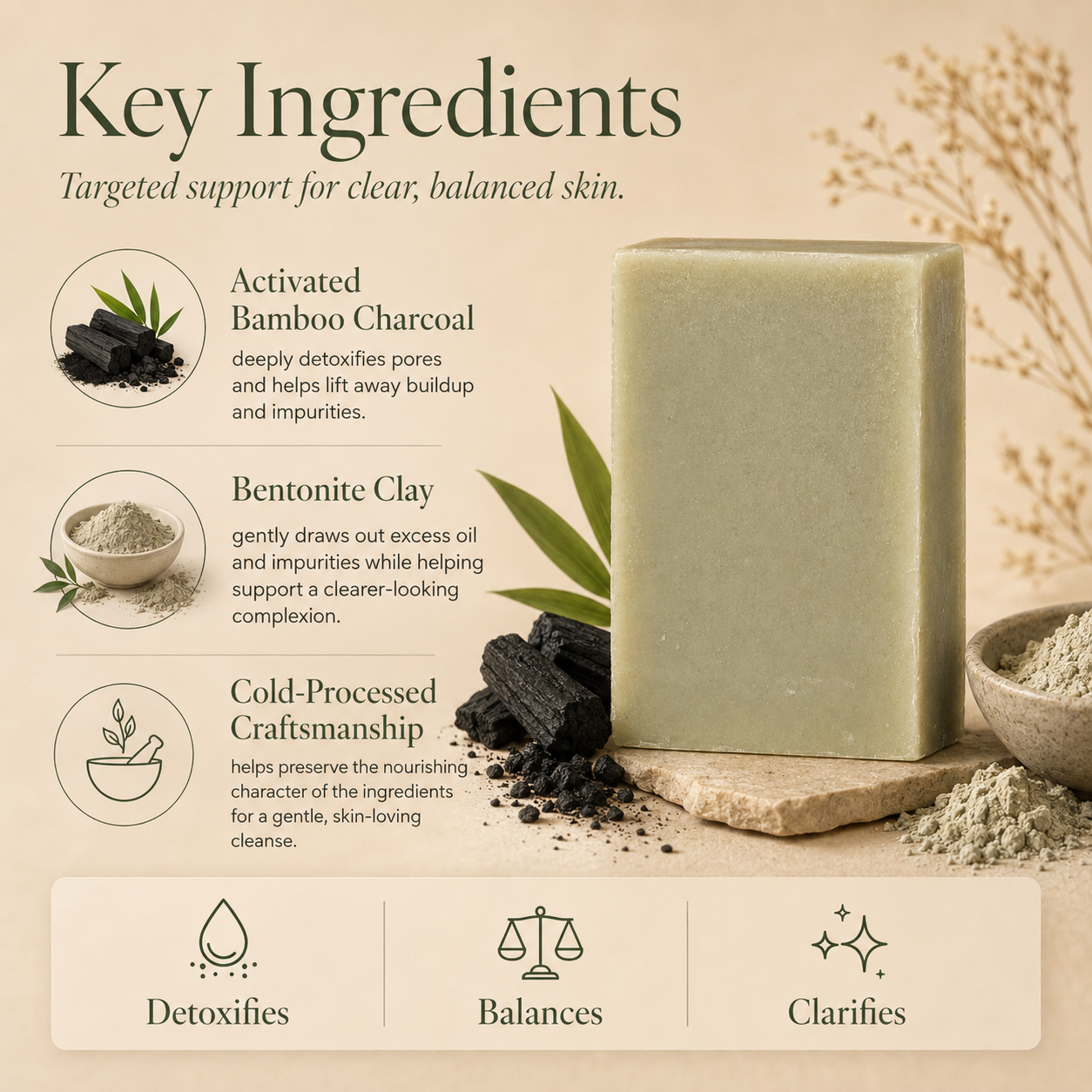 Bamboo and bentonite mud bar, deep charcoal-grey soap with a matte surface — view 3