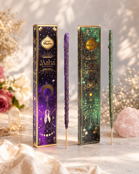 A boxed collection of Maha and Gaia masala incense sticks.