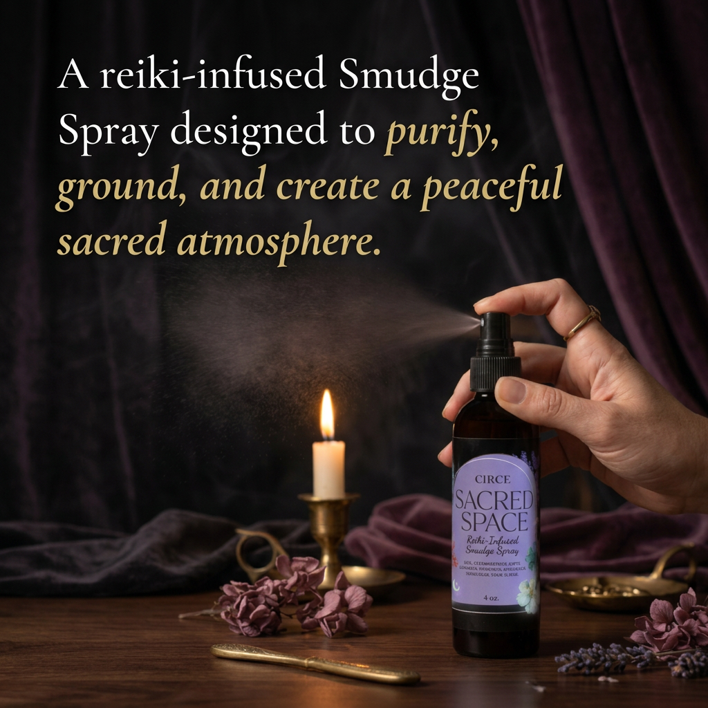 Sacred Space smudge spray in a 4 ounce bottle, shown from another angle