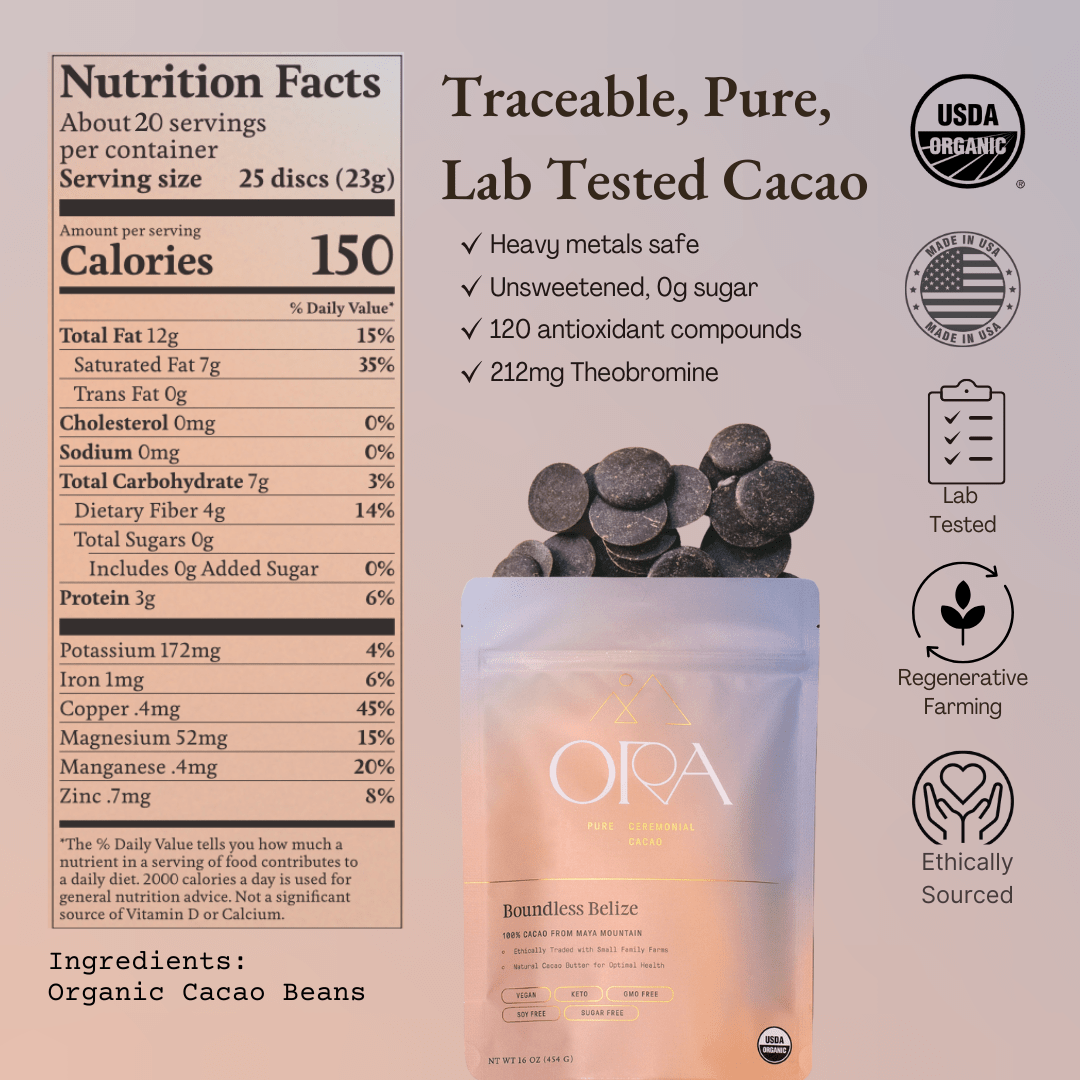 Nutrition facts panel for Ora Boundless Belize ceremonial cacao beside the pouch and a pile of cacao discs, with USDA Organic, lab tested and ethically sourced badges